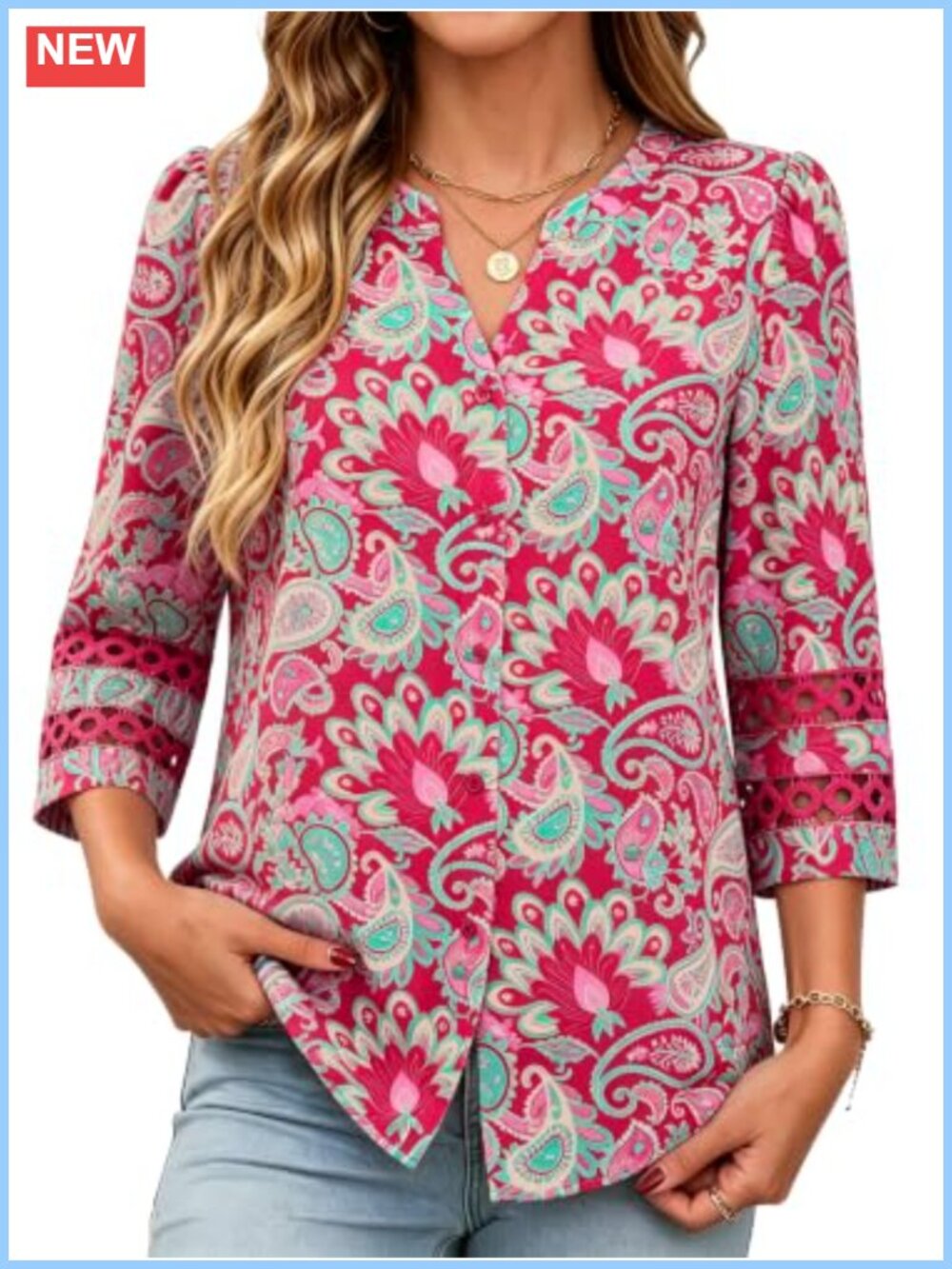 Button Down Shirt 3/4 Sleeve V Neck Eyelet Lace Cuff Blouse